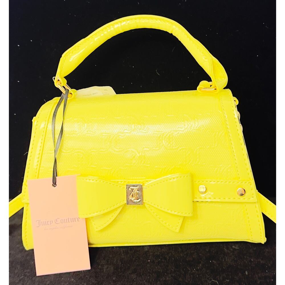 Juicy Couture Purse Yellow Pear -Top Handle Crossbody Glossy Leather, Gold Bow